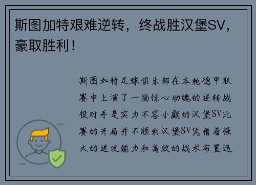 斯图加特艰难逆转，终战胜汉堡SV，豪取胜利！