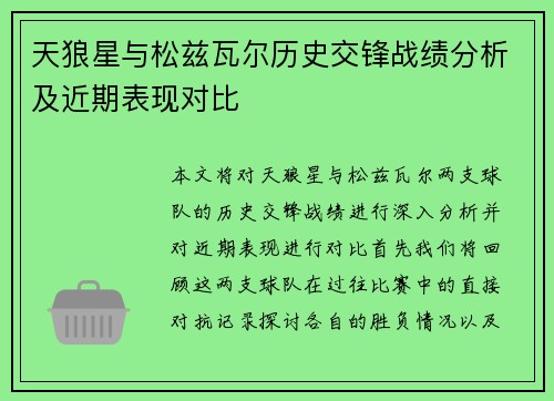 天狼星与松兹瓦尔历史交锋战绩分析及近期表现对比
